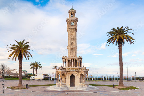 Empty Konak Square view with historical clock tower. Izmir