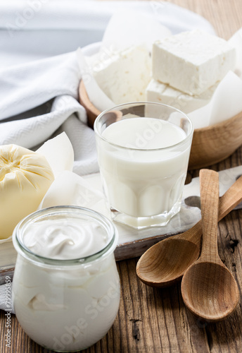 Dairy products on wooden table