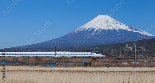 Bullet train Tokaido Shinkansen with view of mountain fuji