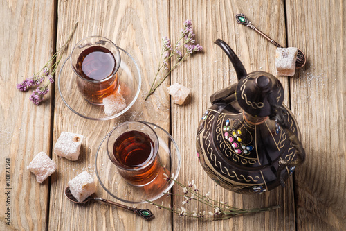 Turkish tea with sladastyami. Top view