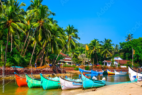fishing boat on river bank in tropic with palms