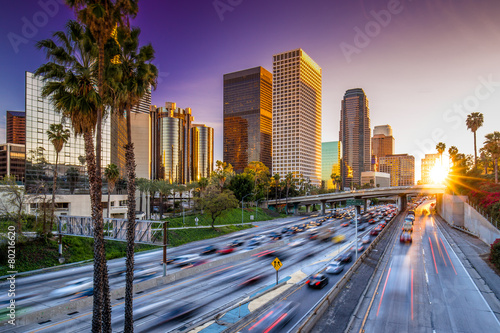 Los Angeles downtown skyline sunset buildings highway
