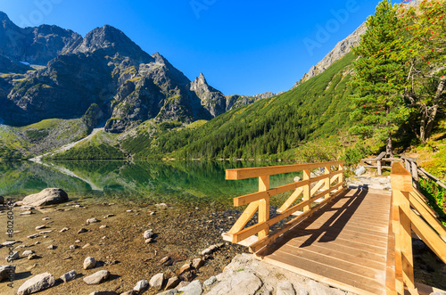 Footbridge on trail by Morskie Oko lake, Tatra Mountains, Poland