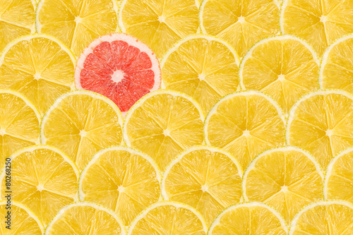 One Pink Grapefruit Slice Stand Out Of Yellow Lemon Slices