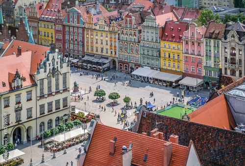 People walking on the market square in Wroclaw, Poland.