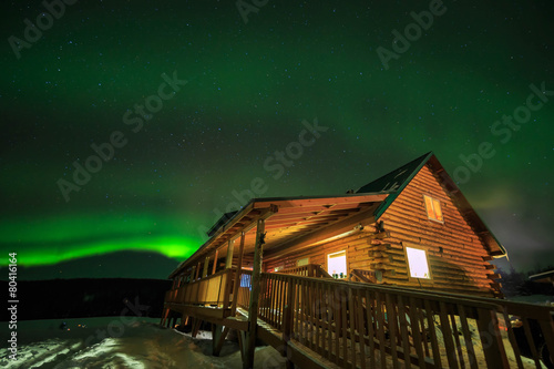 wooden house, Aurora, night sky at alaska, fairbanks