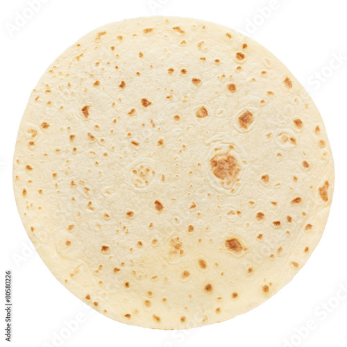 Piadina, round italian tortilla on white, clipping path