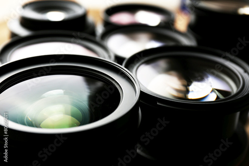 Set of modern camera lenses, closeup