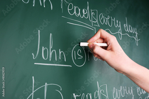 Teacher hand writing grammar sentences on blackboard background