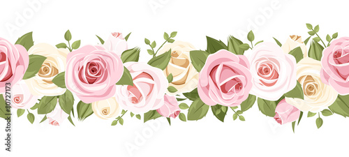 Horizontal seamless background with pink roses. Vector.