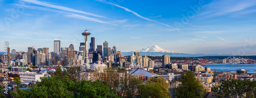 Panorama view of Seattle downtown skyline and Mt. Rainier, Washi