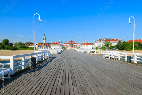 Wooden pier in Sopot seaside town in summer, Baltic Sea, Poland