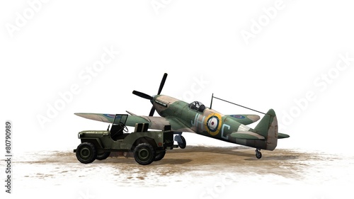 Spitfire Airplane and Jeep - isolated on white background