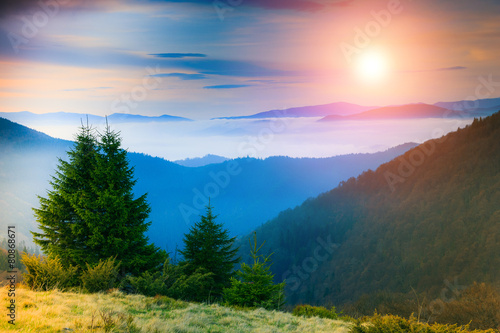 Landscape in the mountain:hazy tops and autumn valleys.