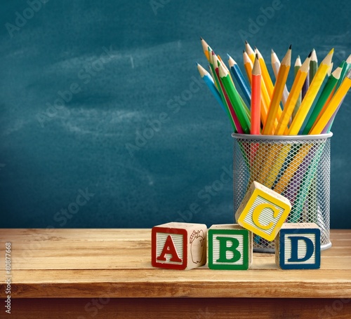 Abc. Yellow pencils and abc blocks for back to school