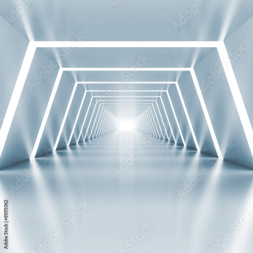 Abstract empty light blue shining corridor interior