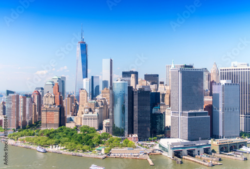 Aerial skyline of Lower Manhattan on a beautiful sunny day