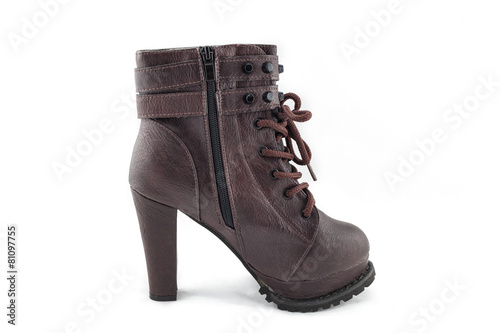 lady leather boot bown with shoelace on white background