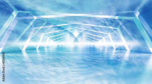 Abstract blue cloudy shining surreal tunnel interior
