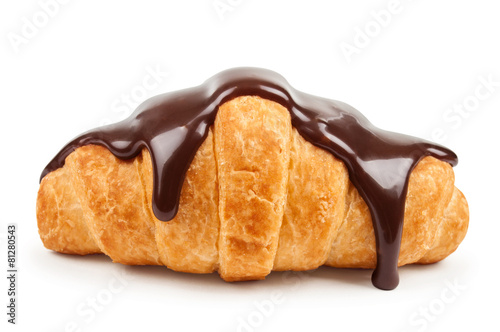 fresh croissant with hot chocolate on a white background