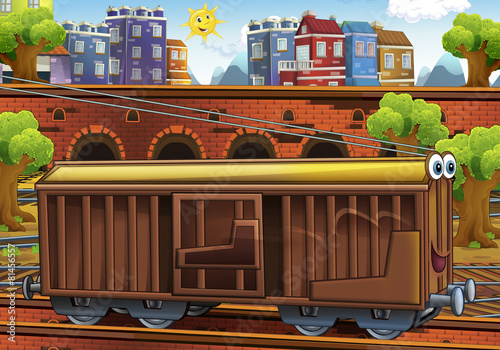 Cartoon cargo carriage - train station - illustration