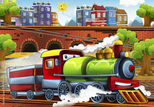 Cartoon steam train - train station - illustration