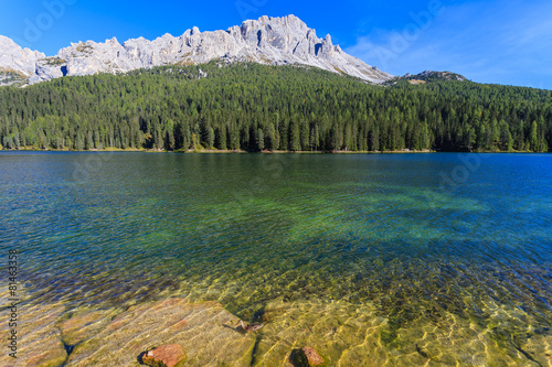 View of lake Misurina in Dolomites Mountains, Italy