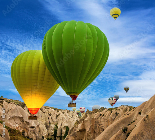 Goreme, Turkey. Mountain landscape. Hot air balloons in Cappadoc