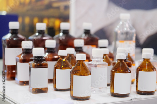 Laboratory equipment. Bottles of chemicals in the laboratory