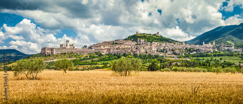 Town of Assisi with golden harvest fields, Umbria, Italy