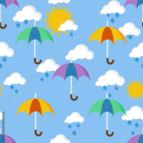 Bright seamless pattern with umbrellas in the rain