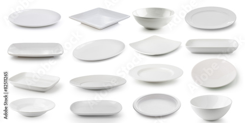 white ceramics plate and bowl isolated on white background