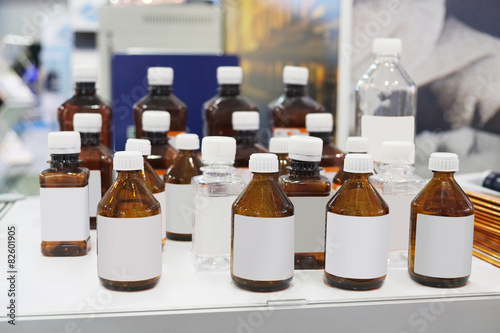 Laboratory equipment. Bottles of chemicals in the laboratory