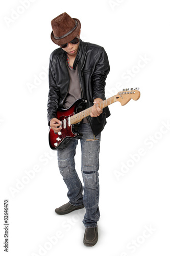 Blues guitarist playing his cool solo, isolated on white