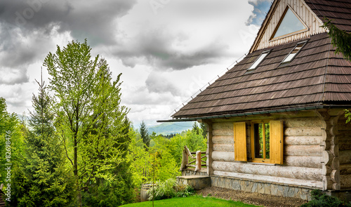 Beautiful log cabin in forest