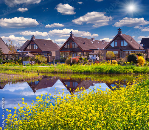 Tipical Dutch village Zaanstad in spring sunny day