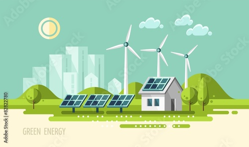 Green energy, urban landscape, ecology - vector illustration.