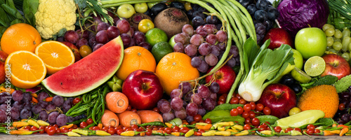 Large group of fresh fruits and vegetables
