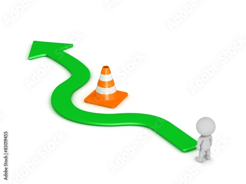 3D Character and Arrow Going Around Orange Road Cone Obstacle 