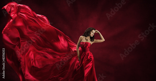 Red Dress, Woman in Flying Fashion Silk Fabric Clothes Model