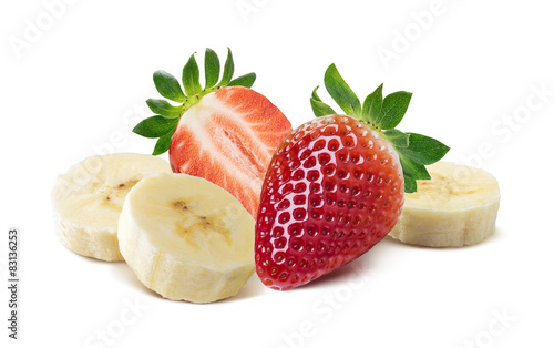 Whole and half strawberry, banana pieces isolated on white backg