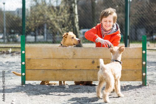 Girl in orange jacket plays with two dogs near the barrier 