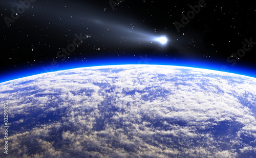 Comet and blue Planet Earth, illustration