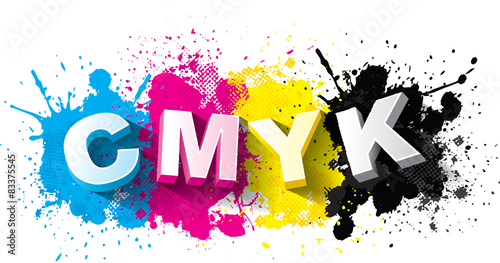 3d CMYK letters with paint splash background, Logo Symbol