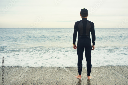 Surfer sports man wearing surfing neoprene waterproof suits 