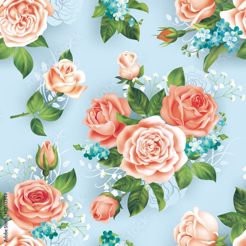 Seamless blue pattern with roses. Vector illustration.