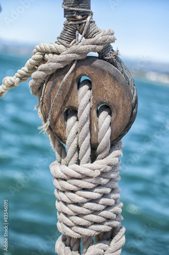 Wooden Snatch block on sailboat