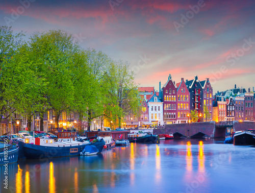 Colorful spring sunset on the canals of Amsterdam.