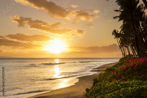 Tropical sunset on Kaanapali Beach in Maui, Hawaii. 