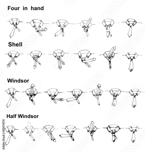 Vector tie and knot instruction, shell, four in hand, windsor, half windsor